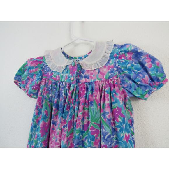 Vintage Kelly's Kids 4T Purple Pink Blue Floral Print Bishop Dress Ruffle Collar - Picture 3 of 5